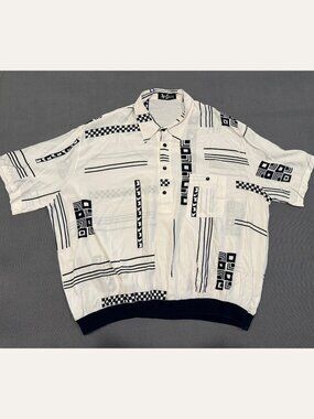 Vintage Alan Stuart USA Made Rayon Shirt Black White Geometric 80s 90s